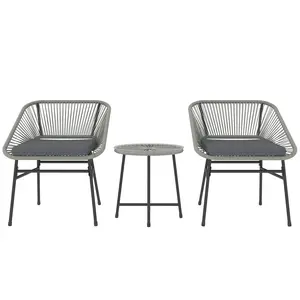 Buy  3 Pieces Rattan Bistro Set, Wicker Small Garden Table and Chairs Set with Cushions and Glass Top Coffee Table, Bistro Garden Furniture Set for Outdoor, Patio, Balcony, Light Grey
