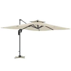 Buy 3.7 x 2.7 m Cantilever Parasol w/ 360&deg; Rotation and Easy Tilt Adjustment, Aluminium Hanging Offset Outdoor Umbrella w/ Double Top and Cross Base, UPF50+ Hanging Sun Shade, Grey Wood Effect