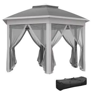 Buy 3 x 4m Garden Gazebo Hexagon Pop Up Gazebo Party Tent Canopy Double Roof Instant Shelter with Netting and Carry Bag for Outdoor Patio, Dark Grey