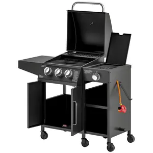 Buy 3+1 Burner Gas BBQ Grill with Storage Cabinet and Shelves, 9.5 kW Gas Barbecue Trolley with 6 Castor Wheels, Warming Rack, Thermometer for Outdoor Cooking Garden Party, Black
