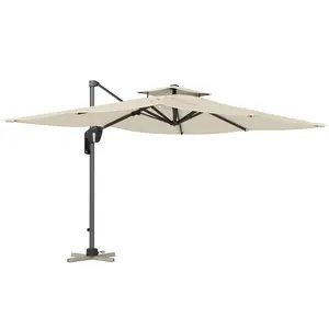 Buy  3.7 x 2.7 m Cantilever Parasol w/ 360&deg; Rotation and Easy Tilt Adjustment, Aluminium Hanging Offset Outdoor Umbrella w/ Double Top and Cross Base, UPF50+ Hanging Sun Shade, Black