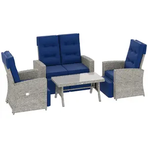 Buy 4 Piece Rattan Garden Furniture Set Outdoor Sofa Sectional Set with Glass Top Table for Poolside, Navy Blue