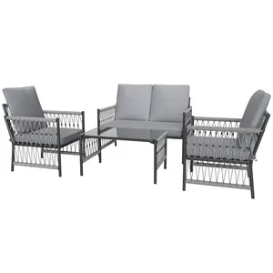 Buy 4 Piece Rattan Garden Furniture Set, 4 Seater Wicker Patio Conversation Set with 2 Armchairs, Loveseat, Glass Top Coffee Table and Cushions for Outdoor, Balcony, Grey