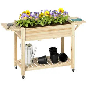 Buy 46 x 94cm Wooden Raised Planter, with Shelves - Natural Finish