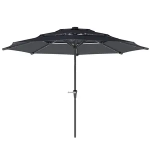 Buy 3-Tier Garden Parasol with Solar LED Lights, UPF 30+, Tilt Mechanism & Crank Handle, for Market Terrace, Dark Grey