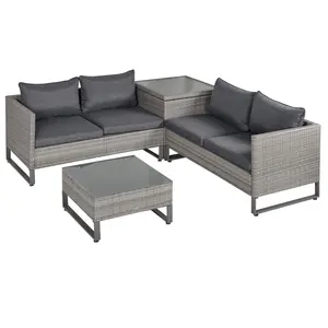 Buy 4 Pieces Rattan Garden Furniture Set, 4 Seater Garden Sofa Set with Storage Box, Loveseats and Glass Top Table, Wicker Outdoor Conservatory Furniture with Cushions for Outdoor, Patio, Grey