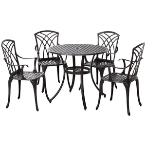 Buy 5 Pieces Garden Dining Set for 4, Cast Aluminium Outdoor Dining Set with 4 Armchairs and Round Dining Table with Parasol Hole, Garden Furniture Set, Brown