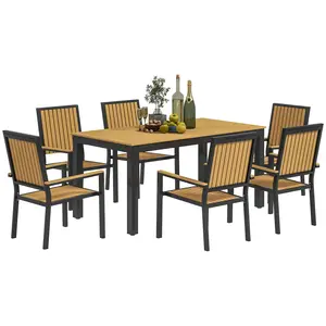Buy 6 Seater Garden Dining Set with Stackable Chairs, Aluminium Frame, Rectangular Plastic Top, Garden Furniture Set, Outdoor Dining Table and Chairs for Patio, Balcony, Poolside, Nature Wood