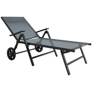 Buy Folding Sun Lounger with Wheels, 5-Position Adjustable Garden Chaise Lounge Sunbed with Armrests, Metal Frame Outdoor Portable Reclining Chair for Beach, Porch, Grey