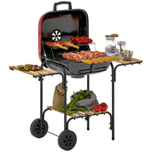Buy Charcoal Barbecue Grill Portable BBQ Grill with 1840 cm&sup2; Cooking Area, 3 Shelves, Adjustable Vent, Lockable Lid, Wheels for Outdoor Cooking, Garden Party, Red