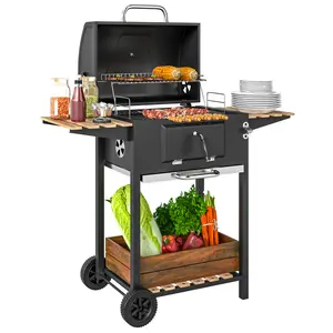 Buy Charcoal BBQ Grill with Height Adjustable Charcoal Pan, Portable Barbecue Smoker with Warming Rack, 3 Shelves, Temperature Gauge, Wheels, Bottle Opener for Outdoor Cooking Garden Party