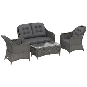 Buy Four-Piece Rattan Sofa Set, with Glass-Top Table - Light Grey