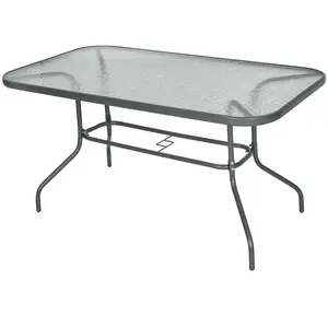 Buy Garden Dining Table Glass Top Metal Frame with Parasol Hole Outdoor Balcony Grey 140L x 80Wcm