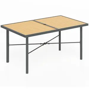 Buy Garden Table for 6, Outdoor Dining Table with 5cm Umbrella Hole, Wood Effect Top, Rust Resistant Frame, for Patio, Balcony, Terrace, 150 x 90 cm