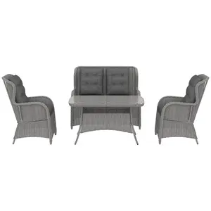 Buy Garden PE Rattan Dining Sofa Set, Outdoor 4 Seater Wicker Furniture, High Back Chairs with Cushions, Tempered Glass Coffee Table for Patio, Light Grey