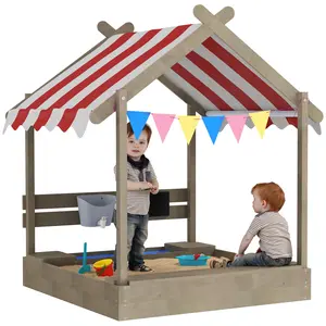 Buy House-Designed Wooden Sandbox, Outdoor Sandpit, with Blackboard, Toys, Sink, Seats, Flags, for Ages 3-7 Years - Grey