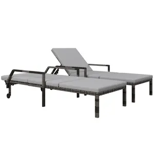 Buy Outdoor PE Rattan Sun Lounger Set of 2, Wicker Chaise Recliner Garden Chair with 5-Level Adjustable Backrest and 2 Wheels, Grey