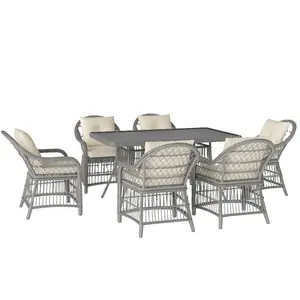 Buy Rattan Dining Set with Seat and Back Cushions, 6 Seater Garden Furniture Set with Aluminium Frame, 6 Chairs, WPC Top Rectangle Table, Conservatory Wicker Patio Furniture, Grey