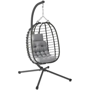 Buy Rattan Hanging Egg Chair, Foldable Wicker Hammock Swing Chair with Cushion, Stand, Adjustable Height, Head Pillow, Steel Frame for Garden Patio Indoor Outdoor, Light Grey