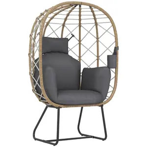 Buy Rattan Egg Chair Outdoor Indoor Wicker Chair with Thickened Cushion and Headrest, Standing Garden Egg Chair with Cup Holder, Metal Frame for Patio, Balcony, Brown