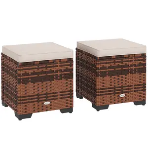 Buy Set of 2 Rattan Storage Ottoman, Outdoor Footstool with Removable Cushions, Garden Storage Seat for Balcony, Poolside, Living Room, Beige