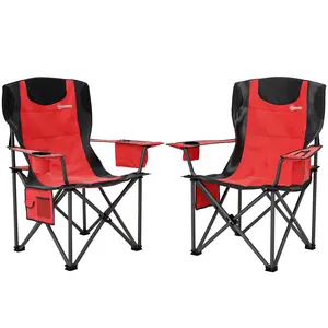 Buy Set of 2 Folding Camping Chairs, Padded Camping Chairs with Adjustable Armrests, Portable & Lightweight Folding Camp Chair with Cooler Bag, Cup Holder and Side Pockets, Red
