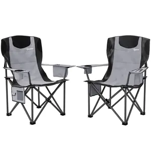 Buy Set of 2 Folding Camping Chairs, Padded Camping Chairs with Adjustable Armrests, Portable & Lightweight Folding Camp Chair with Cooler Bag, Cup Holder and Side Pockets, Grey