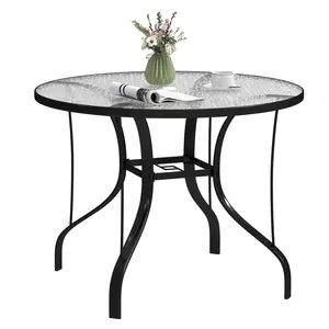 Buy Tempered Glass Top Round Outdoor Dining Table with Parasol Hole, 96.5 x 96.5 x 71 cm