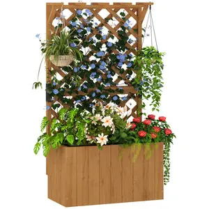Buy Wooden Planter with Trellis, Freestanding Raised Garden Bed with Drainage Holes, Outdoor Planter Box with Liner for Vegetables, Herbs and Flowers, Natural
