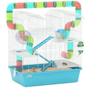 Buy 4 Tier Hamster Cage w/ Tubes, Exercise Wheel, Hut, Water Bottle, Food Dish, Ramps, for Drawf, 58 x 36 x 65cm, Light Blue