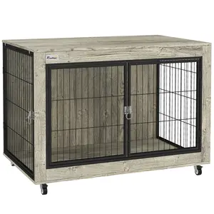 Buy Dog Crate Furniture with Wheels, Double Doors, for Large Dogs, 100 x 60 x 73.5cm, Grey