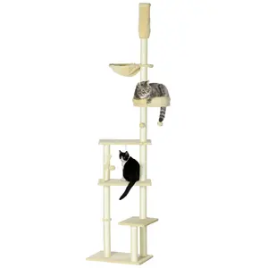 Buy Floor to Ceiling Cat Tree for Indoor Cats, 6-Tier Play Tower Climbing Activity Center with Scratching Post, Platforms, Bed, Hammock, Adjustable Height 230-250cm, Beige