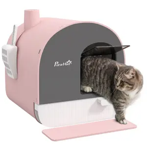 Buy Hooded Cat Litter Box, Kitten Litter Tray, with Lid, Scoop, Filter, Flap Door, Pink