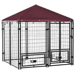 Buy Outdoor Dog Kennel with Rotating Bowl Holders, Water and UV-Resistant Cover for Medium & Small Dogs, Red