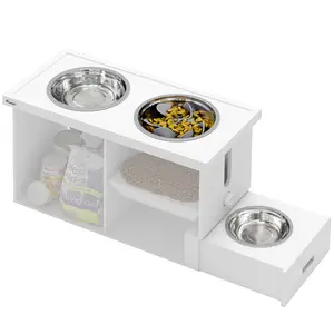 Buy Raised Dog Bowls w/ Slow Feeder Mat, Storage Cabinet, 3 Stainless Steel Bowls, Semi-Auto Dispenser Function, White