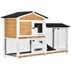 Buy Rabbit Hutch Guinea Pig Hutch Wooden House with Run, 2 Tier Pet Cage Outdoor with No-leak Plastic Trays, 157.4 x 53 x 93.5cm, Yellow