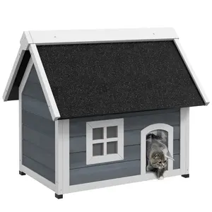 Buy Outdoor Cat House, Wooden Feral Cat Shelter, with Openable Asphalt Roof, Three Doors - Grey