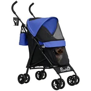 Buy Umbrella Structure Dog Stroller, Lightweight & Portable Dog Pram w/ Shoulder Strap, Storage Bag & Cup Holder, Dark Blue