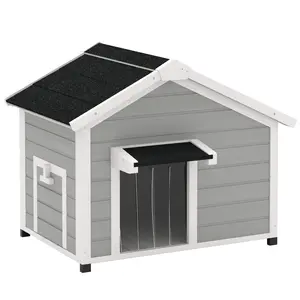 Buy Wooden Dog House Outdoor with Openable Roof, Removable Floor, Curtain, Elevated Feet, for Medium Dogs, Light Grey