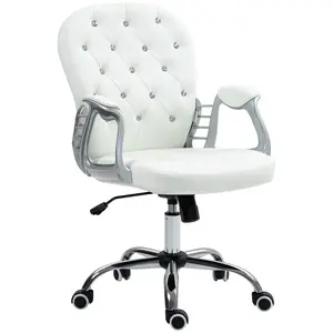 Buy Office Chair Ergonomic 360&deg; Swivel PU Diamante Padded Base 5 Castor Wheels for Home Work White