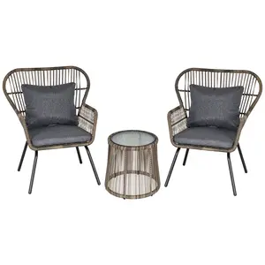 Buy Outsunny 3 Pieces Rattan Bistro Set, Wicker Garden Furniture Set with Cushions, Glass Top Coffee Table and Chairs for Outdoor, Patio, Balcony, Grey