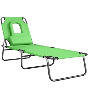 Buy Outsunny Folding Sun Lounger with Face Hole, 4-Position Adjustable Backrest Garden Recliner Chair Sunbed, Outdoor Lounge Chair with 600 D Oxford Cloth Seat, Pillow for Beach, Green