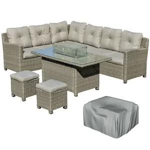 Buy Outsunny 8-Seater Outdoor PE Rattan Sofa Set Conversation Set w/ Fire Pit Table, L-Shape Sofa, Footstool and Furniture Cover