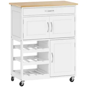 Buy HOMCOM Modern Kitchen Trolley, Rolling Island Storage Cart with Drawer, 9-bottle Wine Rack, Door Cabinets, Wooden Countertop, White