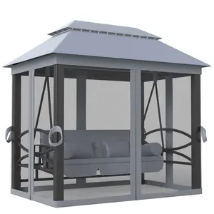 Buy Outsunny 3 Seater Swing Chair 3-in-1 Convertible Garden Swing Seat Bed Gazebo Patio Bench Outdoor with Double Tier Canopy, Cushioned Seat, Mesh Sidewalls, Grey
