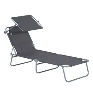 Buy Outsunny Outdoor Foldable Sun Lounger, 4 Level Adjustable Backrest Reclining Sun Lounger Chair with Angle Adjust Sun Shade Awning for Beach, Garden, Patio, Grey