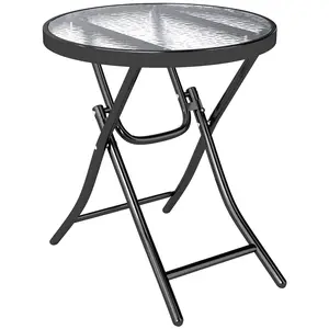 Buy Outsunny Foldable Garden Table, Round Folding Table with Glass Tabletop and Safety Buckle for Patio, Garden, Outdoor, Indoor, Black
