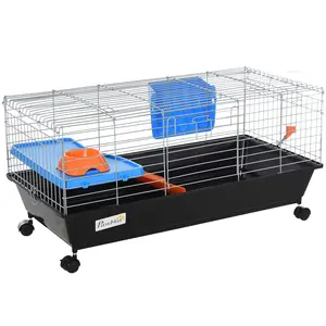 Buy PawHut Small Animal Cage Rabbit Guinea Pigs Chinchillas Cage w/ Wheels Water Bottle Food Dish Platform Ramp 89 x 44 x 43 cm Black