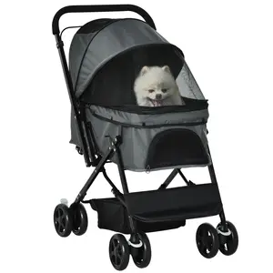 Buy Pet Stroller Pushchair Foldable Travel Dog Cat Carriage w/ Reversible Handle Brake Basket