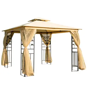 Buy Outsunny 3(m) x 3(m) Garden Gazebo, Double Roof Outdoor Gazebo Canopy Shelter with Netting, Solid Steel Frame, for Garden, Lawn and Deck, Beige